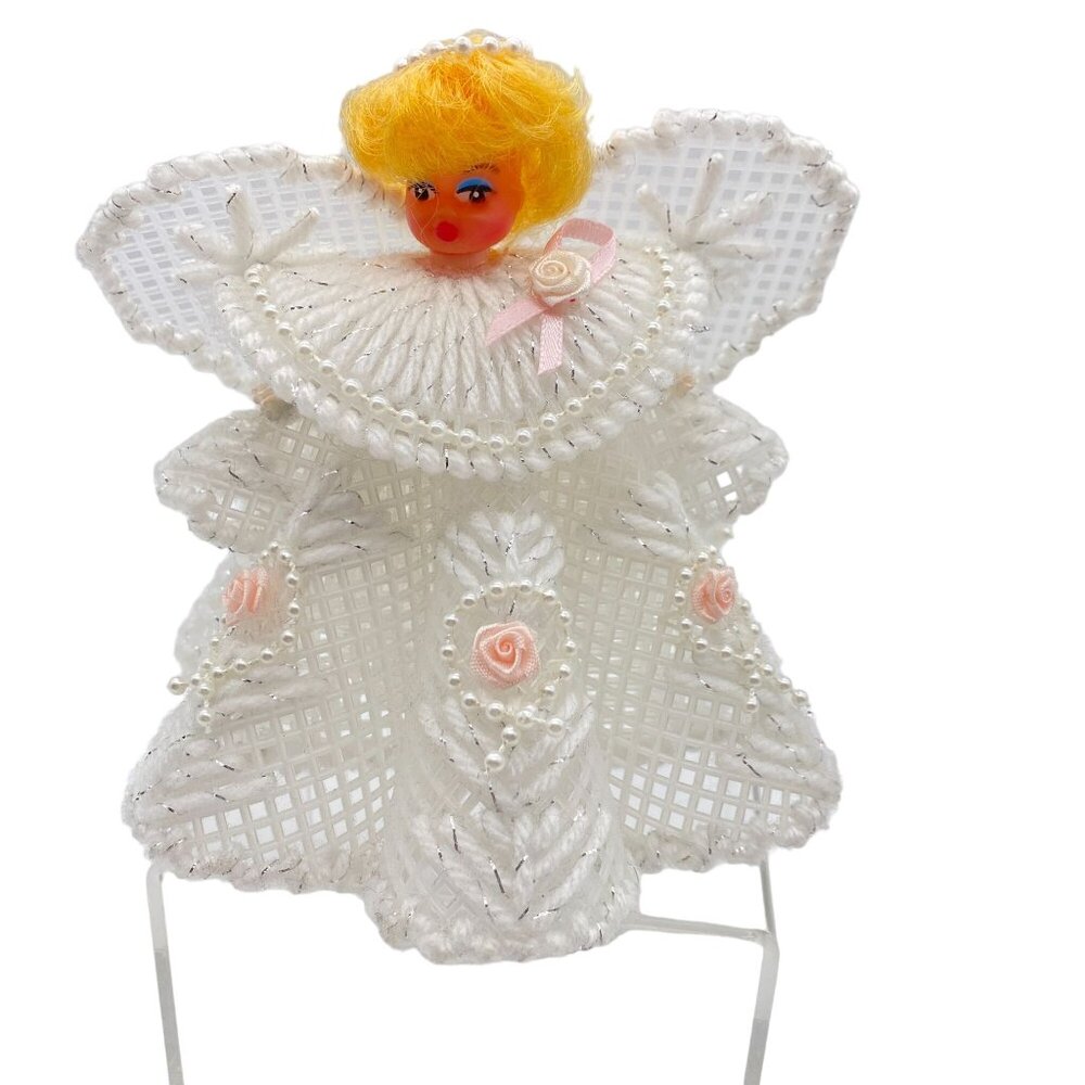 Vintage Handmade Christmas Angel White pink rosettes Blonde rubber face ornament